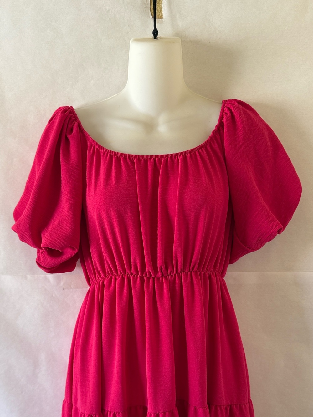 See You Monday Hot Pink Tiered Midi Dress Size L Puff Sleeve Romantic Cottage - Picture 3 of 12